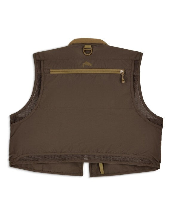 Simms Headwaters Vest in brown with a zippered back pocket, mesh side panels for breathability, and a loop for attaching gear, designed for fishing tackle and outdoor activities.
