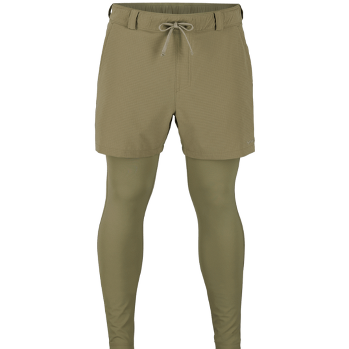Simms Latitude BiComp Bottom - Men's, olive green fishing shorts with integrated fitted leggings designed for comfort and durability during fishing activities.