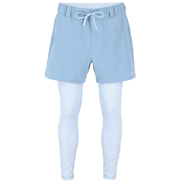 Simms Latitude BiComp Bottom - Men's, light blue shorts with adjustable white drawstring over attached white compression leggings designed for fishing comfort and sun protection.