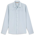 Simms Launch LS Shirt - Men's is a light gray long-sleeve fishing shirt featuring a button-front design, two chest pockets with button closures, and a small zippered pocket on the left chest.