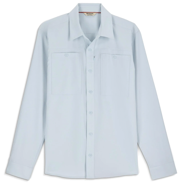 Simms Launch LS Shirt - Men's is a light gray long-sleeve fishing shirt featuring a button-front design, two chest pockets with button closures, and a small zippered pocket on the left chest.