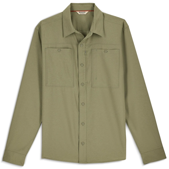Simms Launch LS Shirt - Men's in olive green with long sleeves, button-down front, two chest pockets including one with a zipper, designed for fishing and outdoor activities.