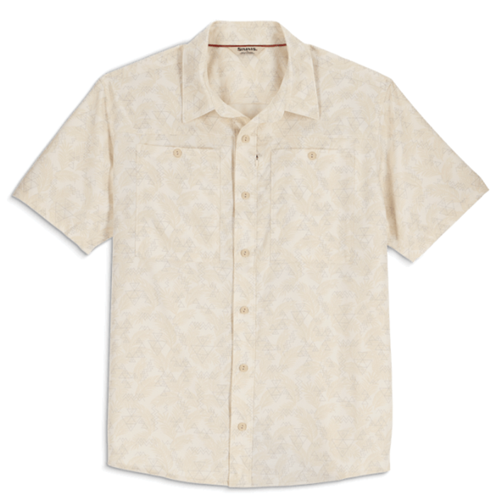 Simms Launch SS Shirt - Men's is a short-sleeve, lightweight button-up shirt with a subtle beige pattern, designed for fishing and outdoor activities.