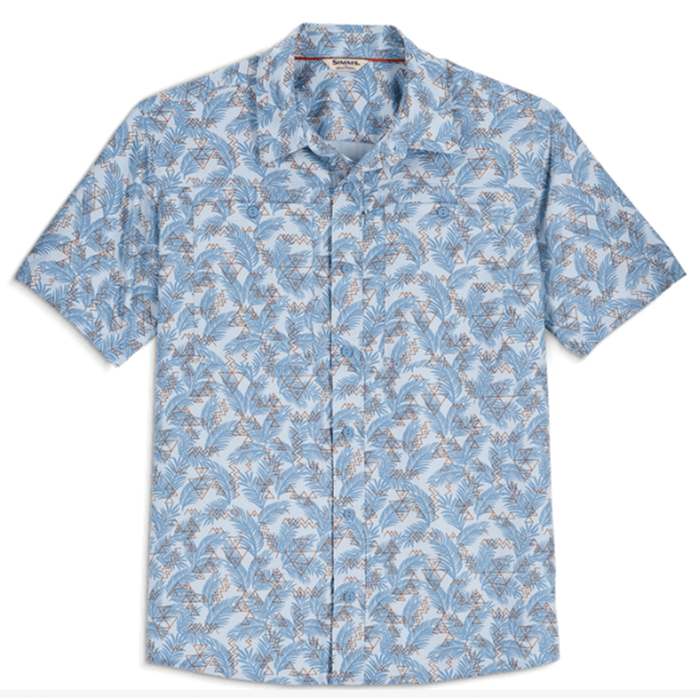 Simms Launch SS Shirt - Men's short-sleeve button-up shirt in blue with an abstract nature-inspired pattern, designed for comfort and style during fishing activities.