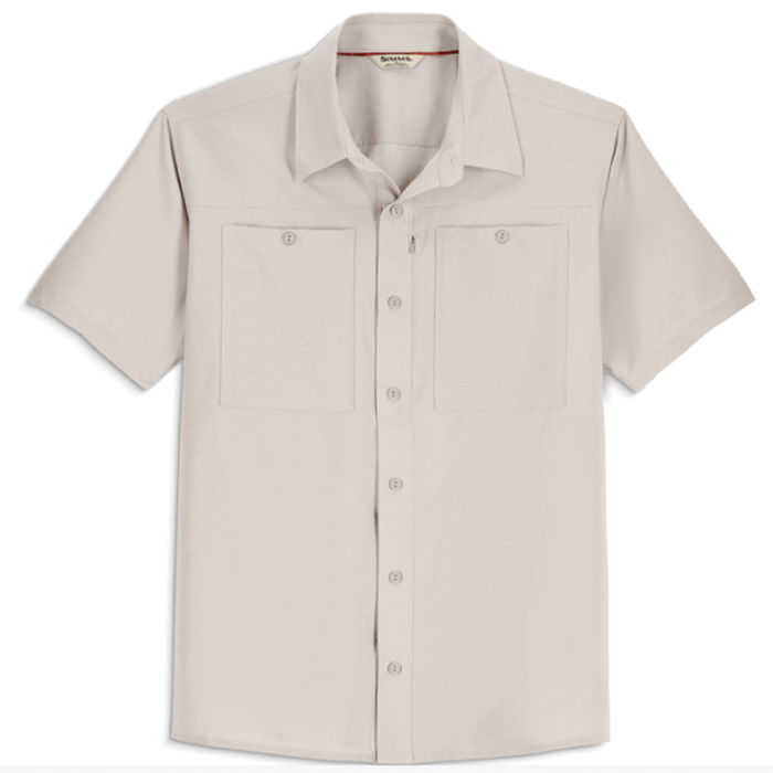 Simms Launch SS Shirt - Men's, beige short sleeve button-up shirt with two chest pockets, designed for outdoor fishing and casual wear.