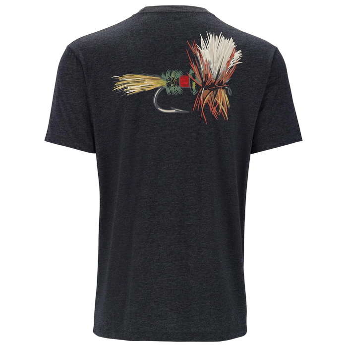 Simms Let it Fly T-Shirt - Men's shown in dark heather gray fabric with a detailed colorful fishing fly graphic on the back, designed for fishing enthusiasts.