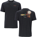 Front and back views of a dark charcoal Simms Let it Fly T-Shirt - Men's featuring a small orange logo on the chest and a detailed colorful fishing fly graphic on the back, designed for fishing tackle enthusiasts.