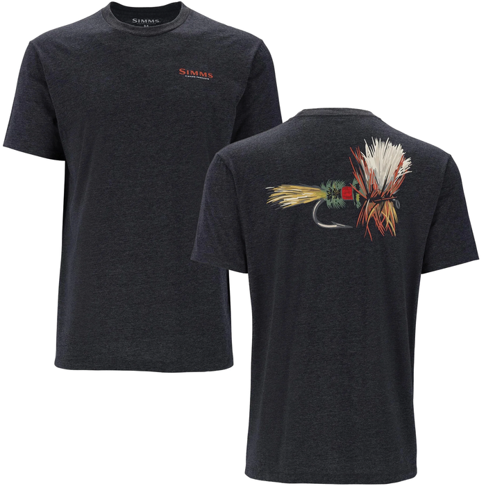 Front and back views of a dark charcoal Simms Let it Fly T-Shirt - Men's featuring a small orange logo on the chest and a detailed colorful fishing fly graphic on the back, designed for fishing tackle enthusiasts.