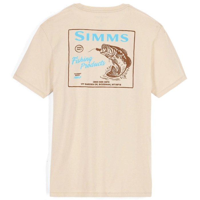 Simms Locals Bass Shop T-Shirt - Men's in beige with a large graphic on the back showing a detailed bass fish illustration and fishing product branding in blue and brown.