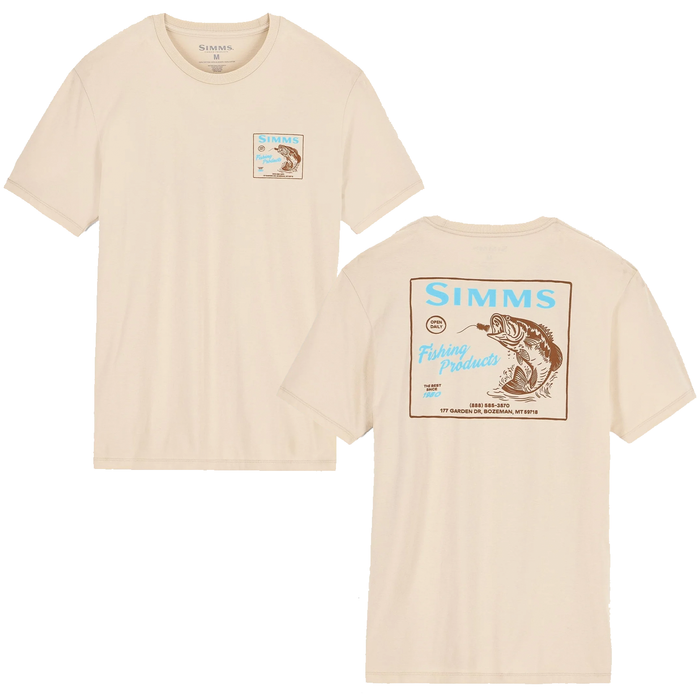 Simms Locals Bass Shop T-Shirt - Men's in light beige features a small chest graphic and a large fishing-themed print on the back with a bass fish illustration and fishing product text.
