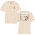 Simms Locals Bass Shop T-Shirt - Men's in light beige features a small chest graphic and a large fishing-themed print on the back with a bass fish illustration and fishing product text.