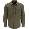 Simms Lodge Work Shirt - Men's in olive green with long sleeves, button-up front, and two chest pockets with button flaps designed for outdoor and fishing activities.
