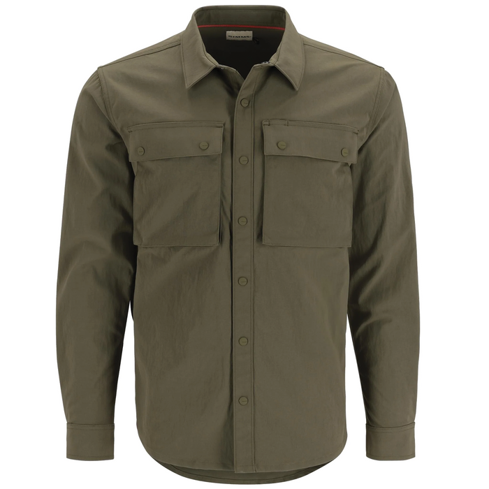 Simms Lodge Work Shirt - Men's in olive green with long sleeves, button-up front, and two chest pockets with button flaps designed for outdoor and fishing activities.