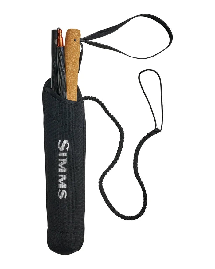 Simms Pro Wading Staff with a cork handle, telescoping black shaft, and wrist lanyard, stored in a black protective carrying sleeve with the Simms logo.
