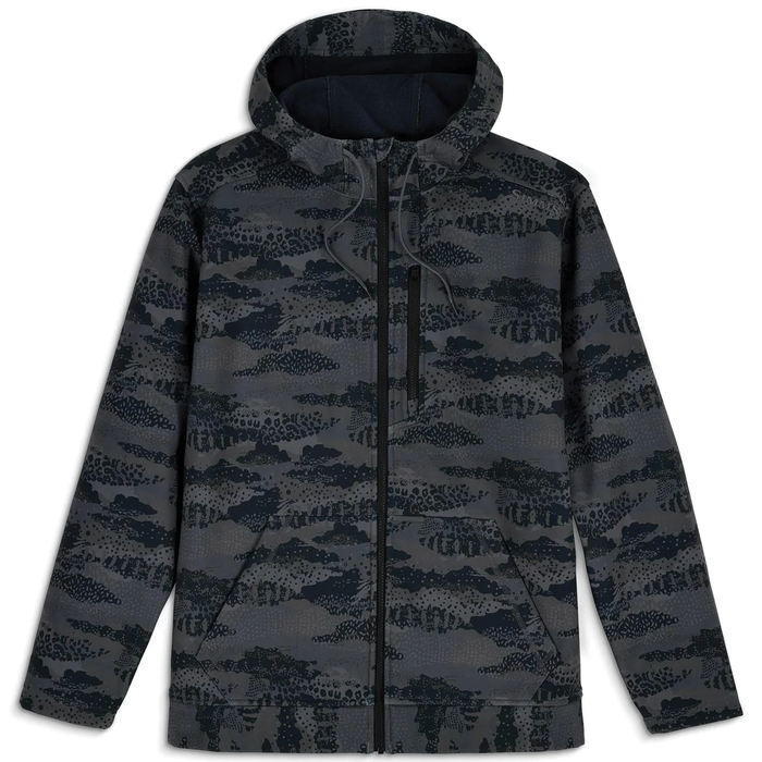 Simms Rogue Fleece Hoody - Men's, dark camouflage patterned full-zip fleece jacket with hood, front zippered chest pocket, and kangaroo hand pockets for outdoor fishing activities.