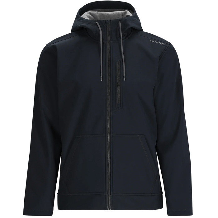 Simms Rogue Fleece Hoody - Men's in black with full front zipper, adjustable hood with drawstrings, chest pocket zipper, and split hand warmer pockets, designed for outdoor fishing activities.