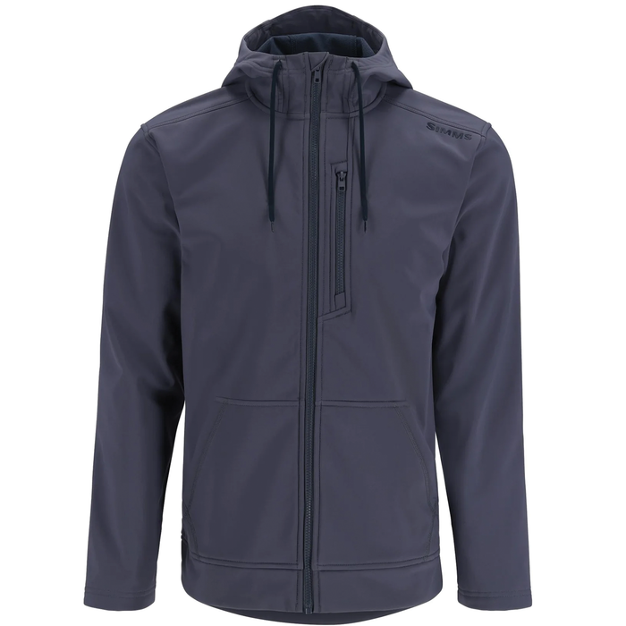 Simms Rogue Fleece Hoody - Men's, dark gray zip-up jacket with hood, chest zipper pocket, drawstrings, and front hand pockets, designed for outdoor fishing comfort.