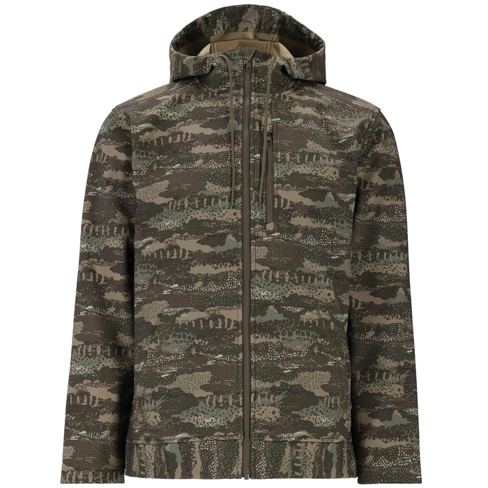 Simms Rogue Fleece Hoody - Men's in camouflage pattern with full front zipper, hood, chest pocket, and long sleeves, designed for outdoor fishing and cold weather.