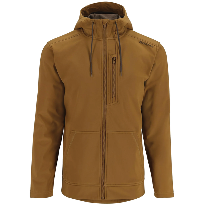 Simms Rogue Fleece Hoody - Men's in brown with full front zipper, chest pocket with zipper, adjustable hood, and soft fleece material designed for outdoor fishing activities.