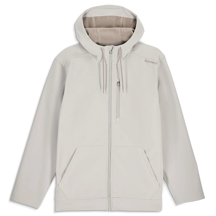 Simms Rogue Fleece Hoody - Men's in light gray with full front zipper, adjustable hood, chest zip pocket, and front hand pockets, designed for warmth and comfort during fishing.