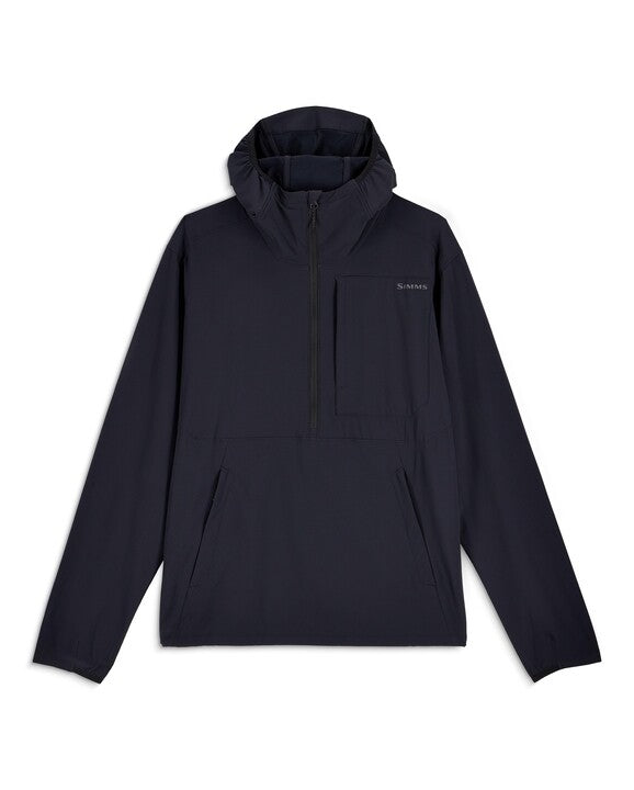 Simms Rogue Flex Half-Zip Pullover in dark color with a hood, front chest pocket, and zip closure, designed for comfort and versatility in fishing and outdoor activities.