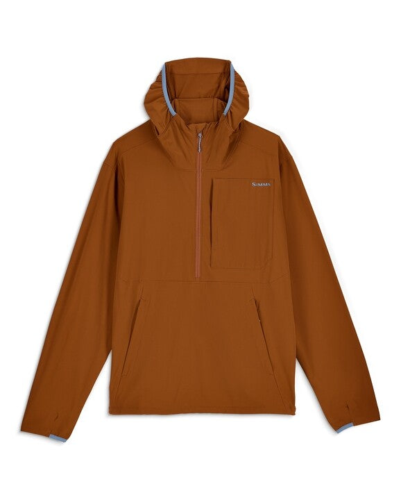 Simms Rogue Flex Half-Zip Pullover in rust color with a hood, chest pocket, and two front hand pockets, designed for comfort and flexibility during outdoor fishing activities.