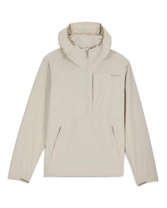 Simms Rogue Flex Half-Zip Pullover in light beige with long sleeves, a front chest pocket, hood, and zipper collar designed for outdoor and fishing activities.
