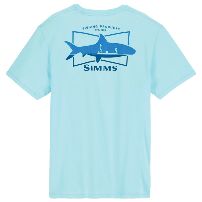 Light blue Simms Salty Sign T-Shirt - Men's with a dark blue graphic of a fish silhouette featuring fishing equipment and the text "Fishing Products Est. 1980 Simms" on the back.