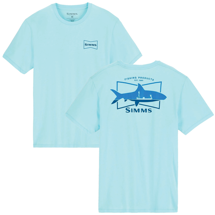 Front and back views of a light blue Simms Salty Sign T-Shirt - Men's featuring a small Simms logo on the chest and a large blue graphic of a musky fish with fishermen on the back.
