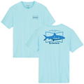 Front and back views of a light blue Simms Salty Sign T-Shirt - Men's featuring a small Simms logo on the chest and a large blue graphic of a musky fish with fishermen on the back.