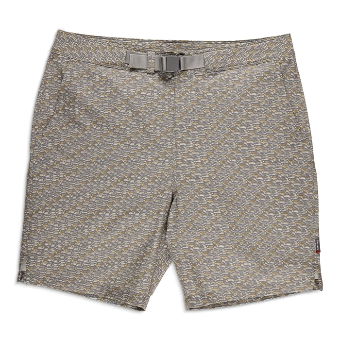 Simms Seamount Shorts - Men's in light gray with a subtle patterned design, featuring an adjustable buckle belt and side pockets, suitable for fishing and outdoor activities.