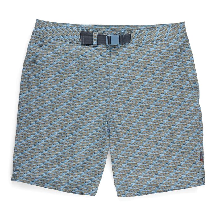 Simms Seamount Shorts - Men's in blue and brown pattern with an adjustable black belt, designed for comfort and durability in fishing and outdoor activities.