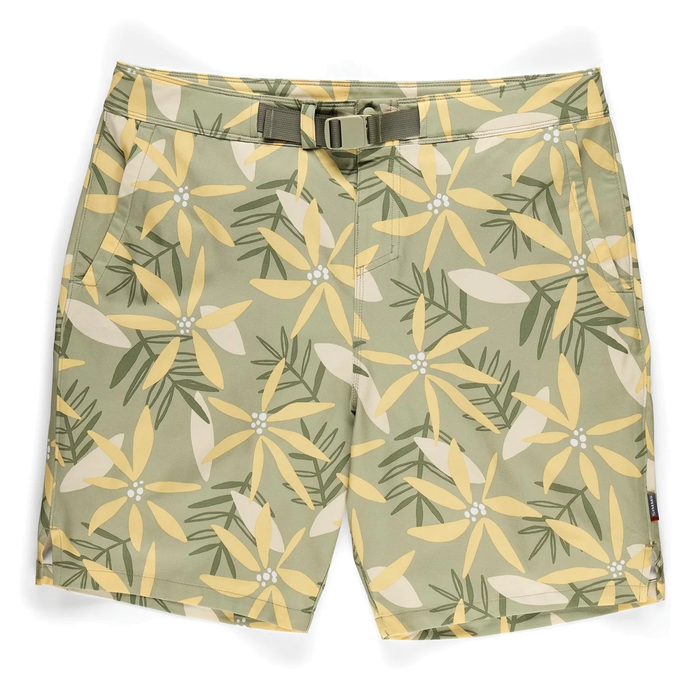Simms Seamount Shorts - Men's in olive green with yellow and beige floral pattern, featuring side pockets and an adjustable built-in belt, ideal for fishing and outdoor activities.