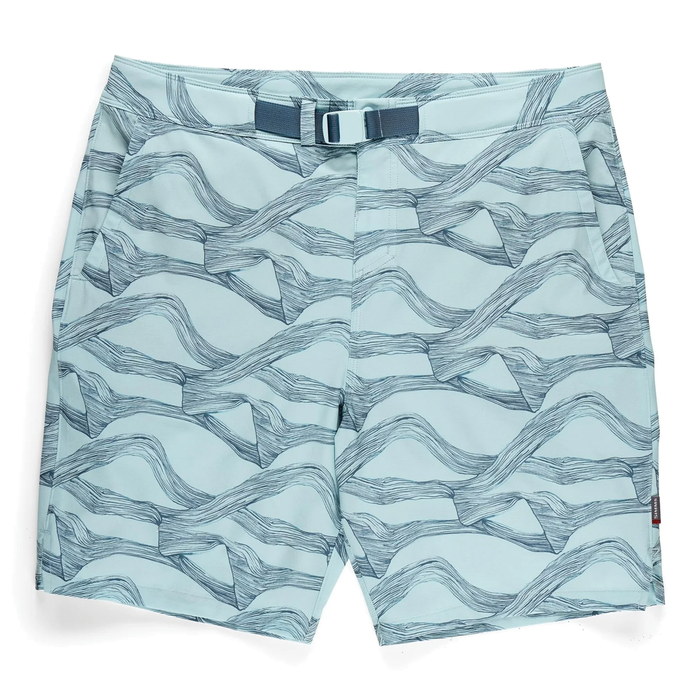 Simms Seamount Shorts - Men's in light blue with a dark abstract wave pattern, featuring a built-in adjustable belt and casual fit designed for comfort and outdoor fishing activities.