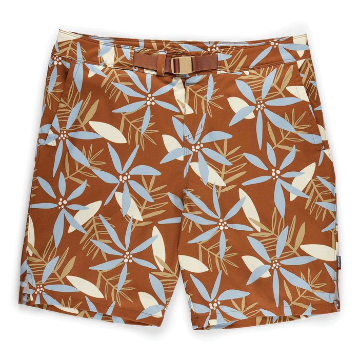 Simms Seamount Shorts - Men's featuring a brown base with blue, beige, and green floral pattern, lightweight fabric, and adjustable belt for comfortable fit ideal for fishing activities.