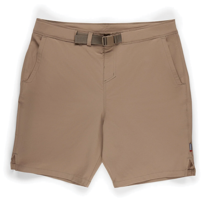 Simms Seamount Shorts - Men's in tan color, featuring a built-in adjustable belt, two front pockets, and durable quick-dry fabric designed for fishing and outdoor activities.
