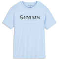 Simms Shroud Fill T-Shirt - Men's in light blue with short sleeves and a round neck featuring the SIMMS logo with a camouflage fishing pattern across the chest.