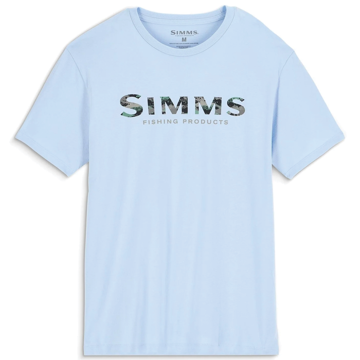 Simms Shroud Fill T-Shirt - Men's in light blue with short sleeves and a round neck featuring the SIMMS logo with a camouflage fishing pattern across the chest.