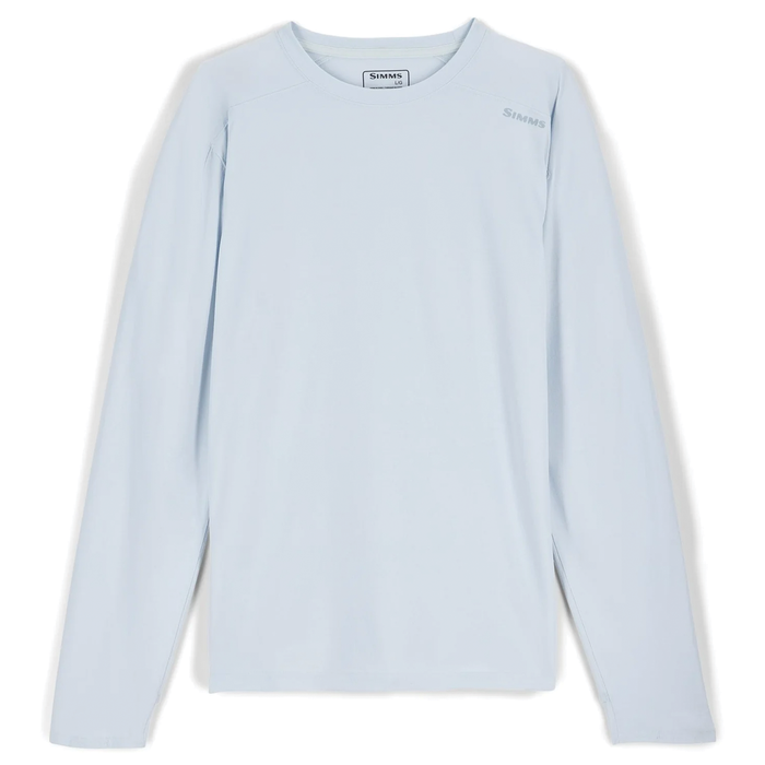 Simms SolarFlex Crewneck Shirt - Men's (New 2026) in light blue, long-sleeve, lightweight performance fabric designed for sun protection and comfort during fishing activities.