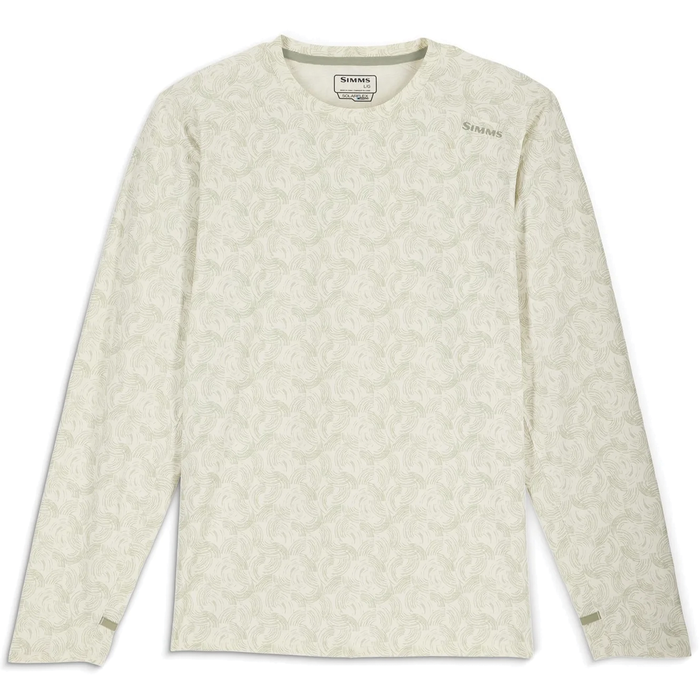 Simms SolarFlex Crewneck Shirt - Men's (New 2026) in light beige with subtle swirling pattern, long sleeves, crewneck design, made for outdoor fishing comfort and sun protection.