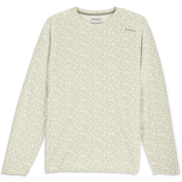 Simms SolarFlex Crewneck Shirt - Men's (New 2026) in light beige with subtle all-over fishing-themed pattern, long sleeves, crewneck design, and moisture-wicking fabric for outdoor fishing comfort.