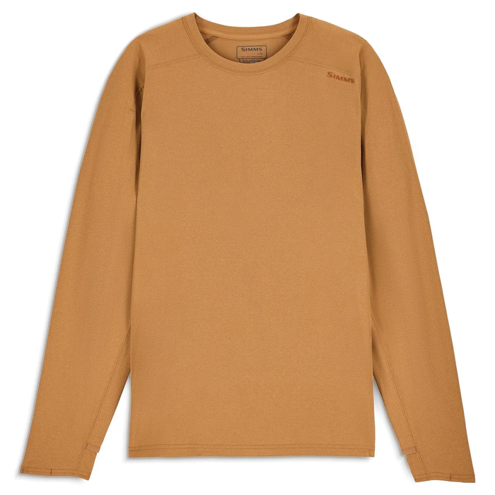 Simms SolarFlex Crewneck Shirt - Men's (New 2026) in light brown, featuring long sleeves and a crewneck design, made for outdoor fishing activities with breathable, flexible fabric.