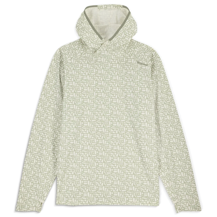 Simms SolarFlex Hoody - Men's (New 2026) in light beige with subtle geometric pattern, featuring long sleeves, a hood, and soft breathable fabric designed for outdoor fishing activities.
