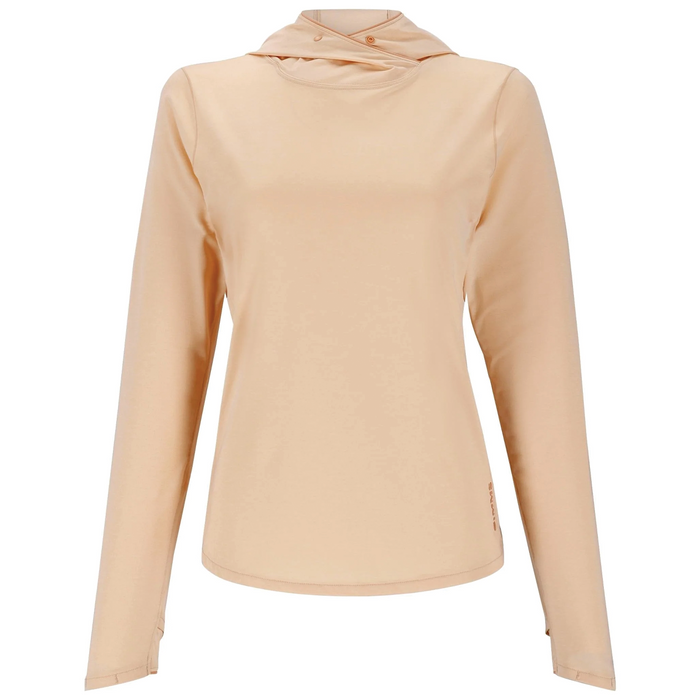 Simms SolarFlex Hoody - Women's in light beige, long-sleeve with a slim fit and a unique draped hood design, made for comfortable outdoor fishing activities.