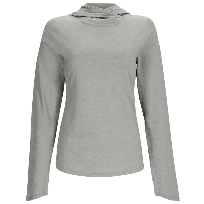 Simms SolarFlex Hoody - Women's in light gray, featuring long sleeves, a lightweight breathable fabric, and an adjustable hood designed for outdoor fishing and active use.