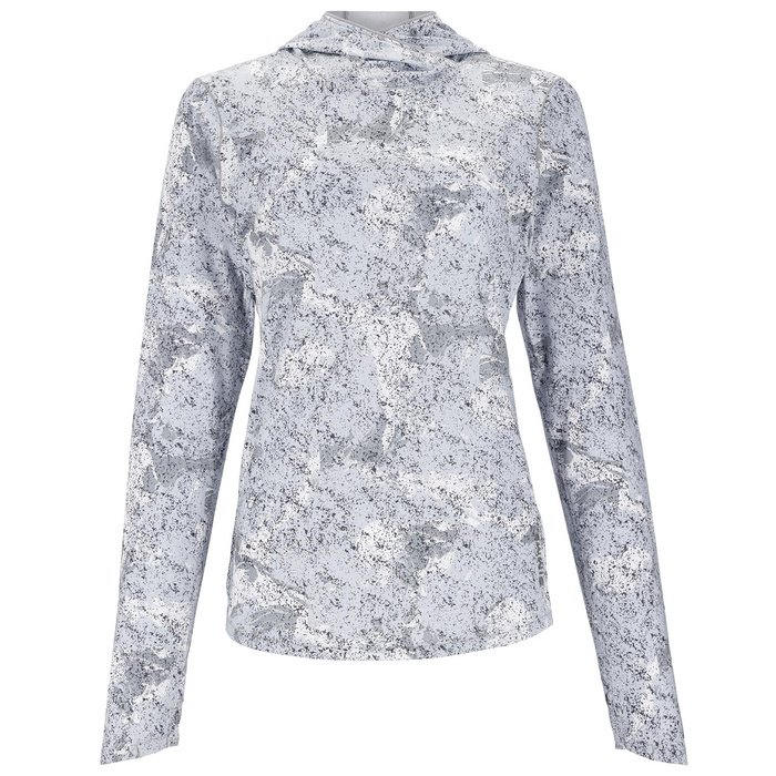 Simms SolarFlex Hoody - Women's features long sleeves and a subtle gray and white camo pattern, designed for sun protection and comfort during fishing and outdoor activities.