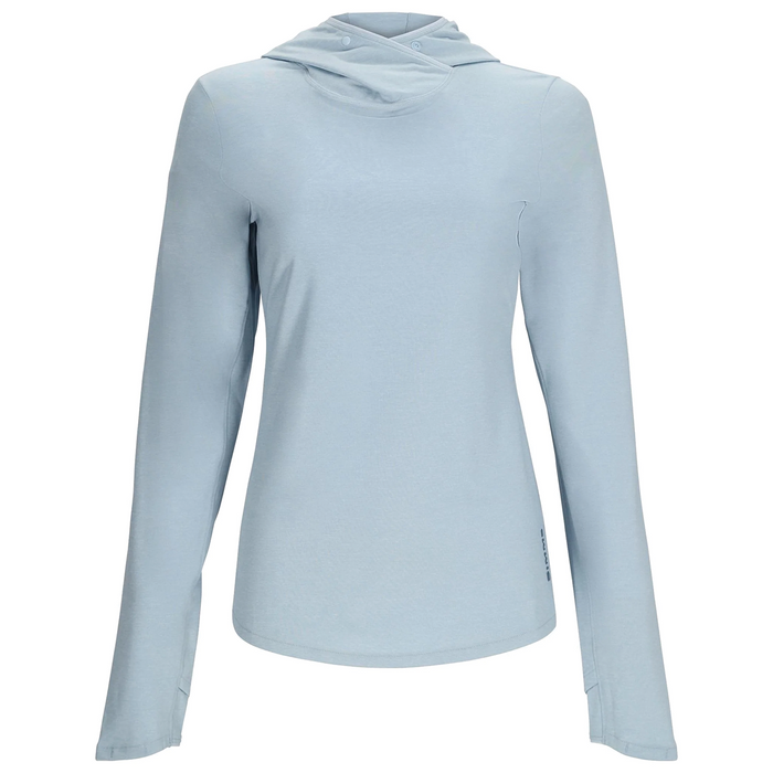Simms SolarFlex Hoody - Women's in light blue, featuring long sleeves, a fitted silhouette, thumbholes at cuffs, and a lightweight hood designed for sun protection during fishing.