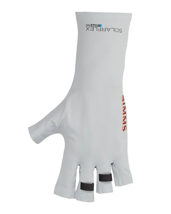Simms SolarFlex Sun Glove (NEW 2026) in light gray, featuring fingerless design with adjustable straps and UPF 50 sun protection for fishing and outdoor activities.