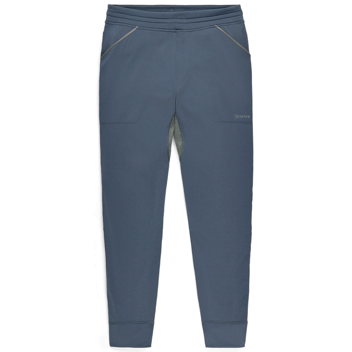 Simms Strata 200 Baselayer Bottom - Men's in muted blue, designed for comfort and warmth with a secure fit, featuring zippered side pockets and durable construction for fishing or outdoor activities.