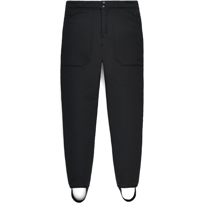 Simms Strata 330 Midlayer Bottom - Men's in black, insulated and designed for cold weather fishing, featuring a button closure, reinforced knees, and stirrup foot straps for secure fit.